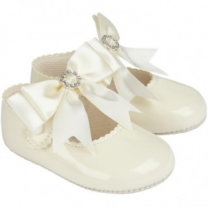 Baby Girls Ivory Large Diamante Bow Patent Pram Shoes